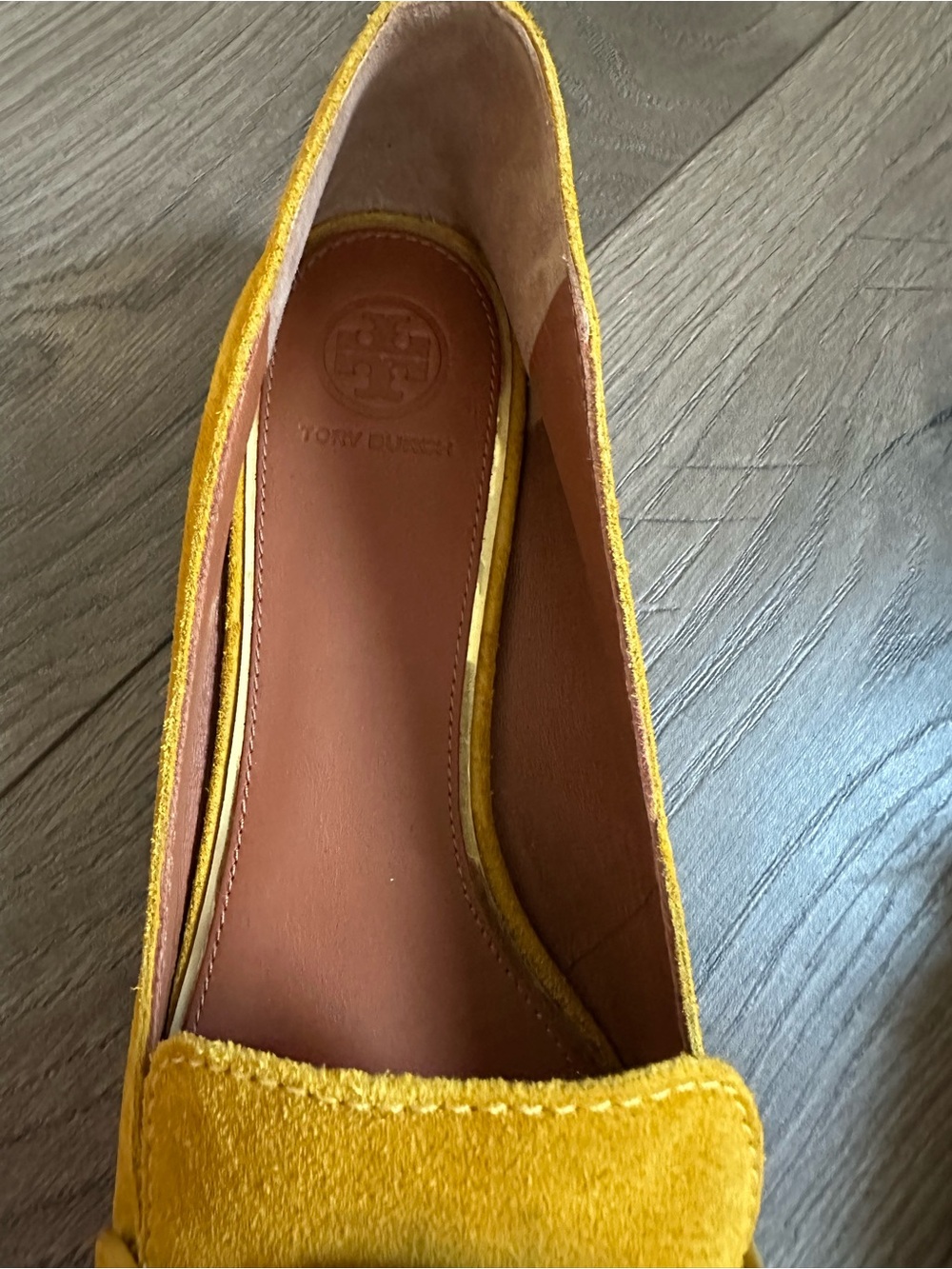 Tory Burch Women’s Mustard Yellow Soft Suede Logo Loafers - Picture 7 of 15